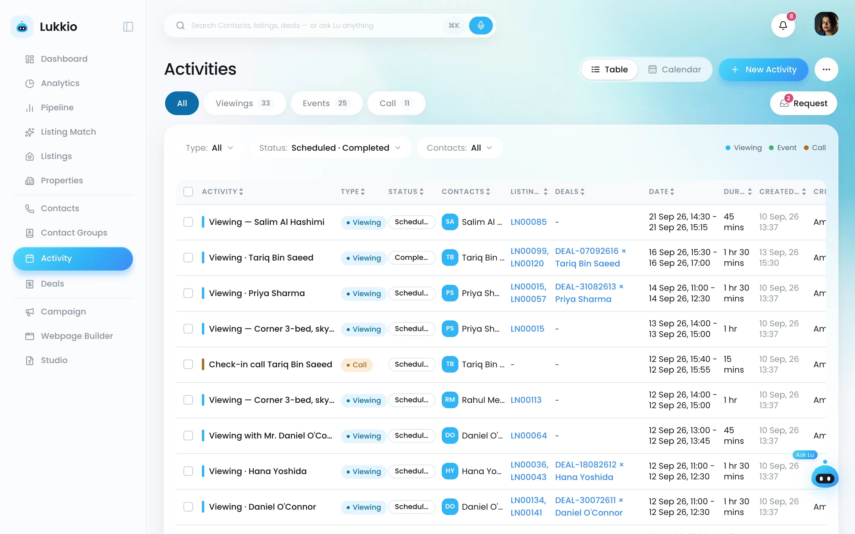 The activities calendar with viewings, calls and events
