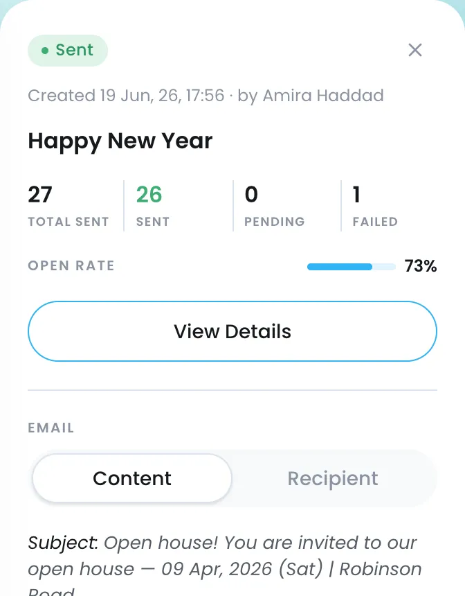 A sent campaign: 32 sent, 31 delivered, 87 percent open rate