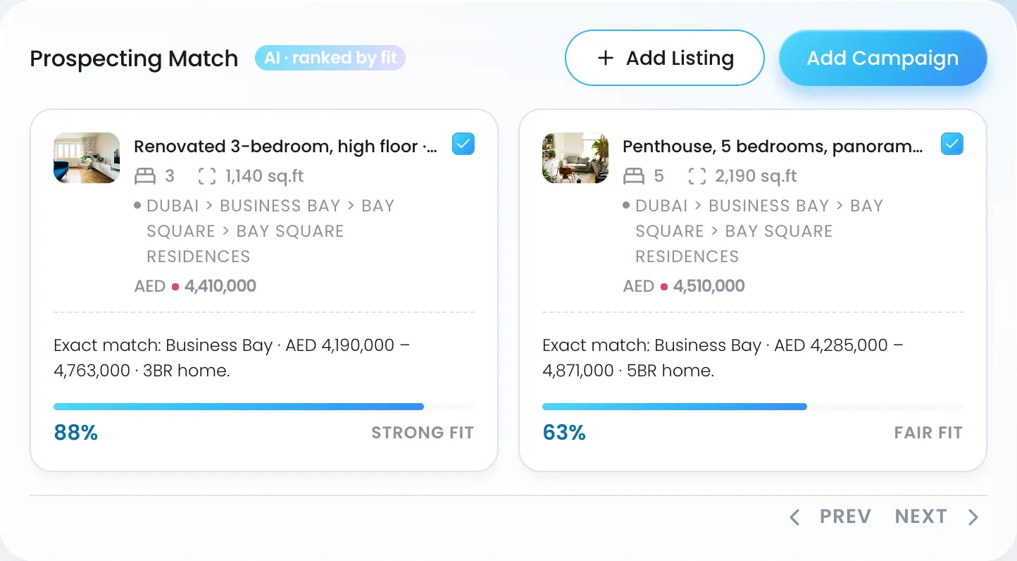 Two listings scored against a buyer: 88 percent strong fit and 63 percent fair fit