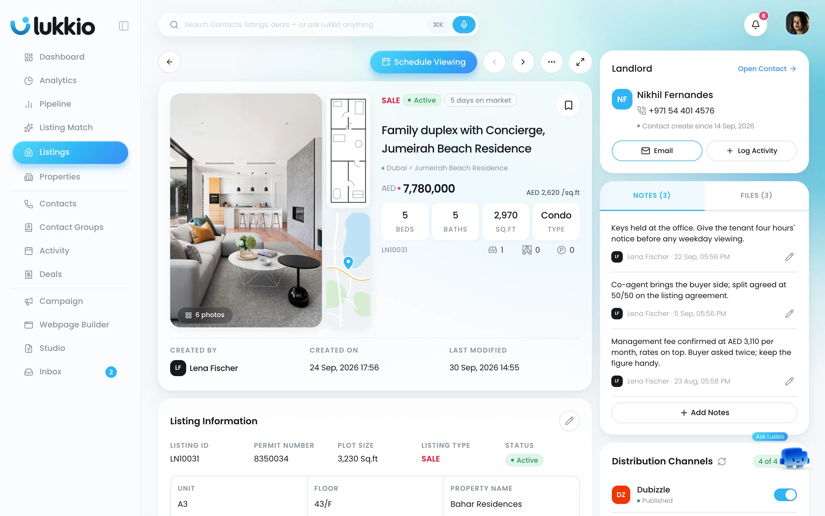 A listing record with photos, price, facts and the owner panel