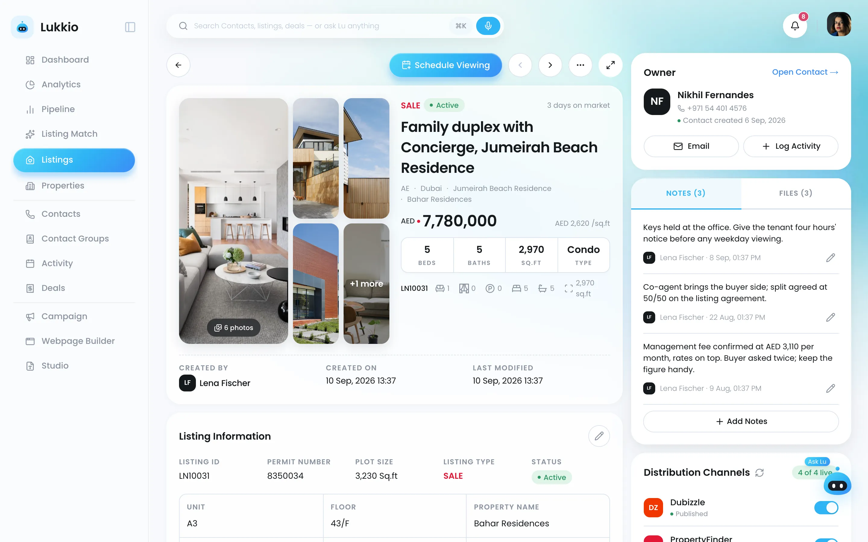 A listing record with photos, price, facts and the owner panel