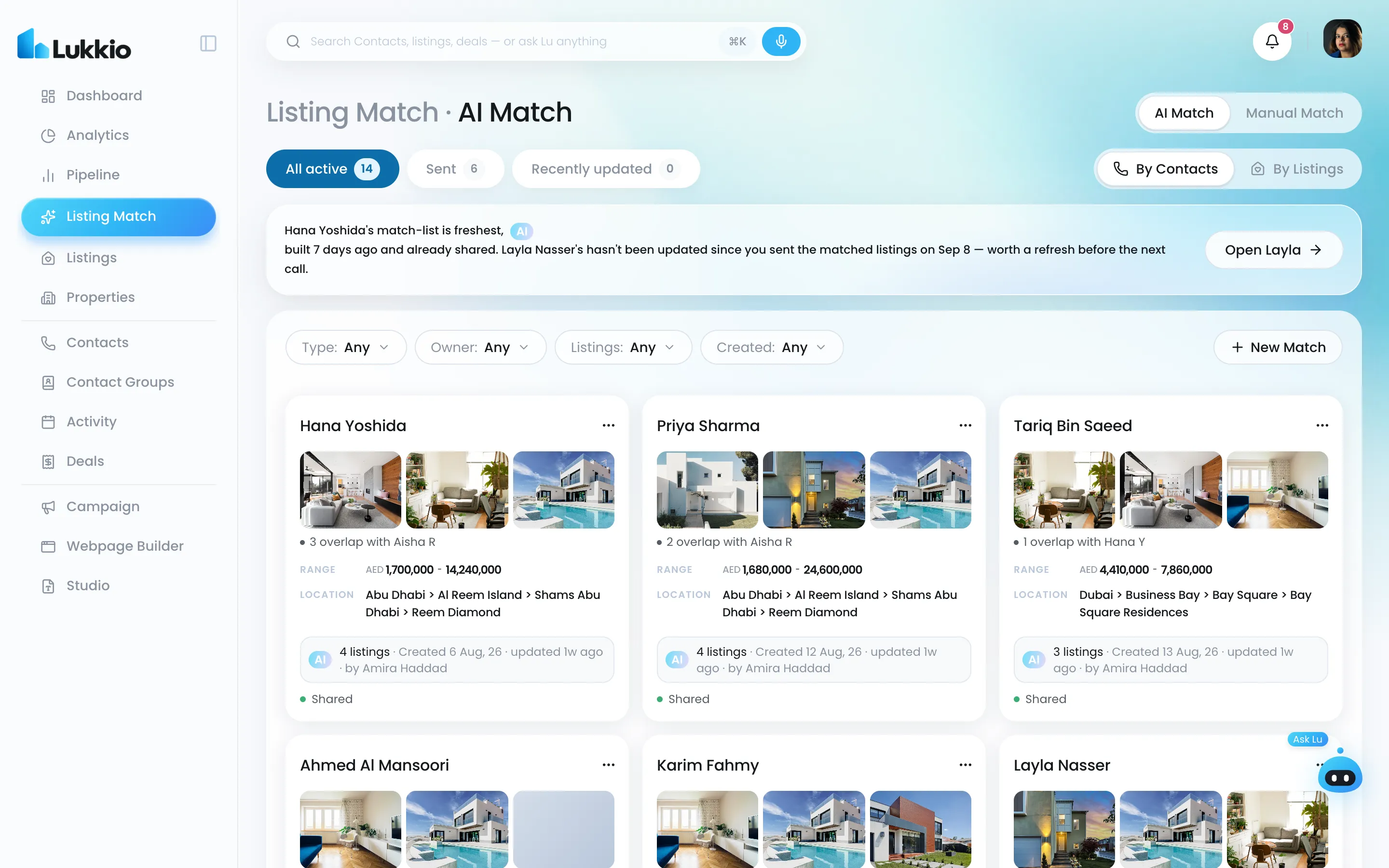 AI Match with a card per buyer and the listings that fit