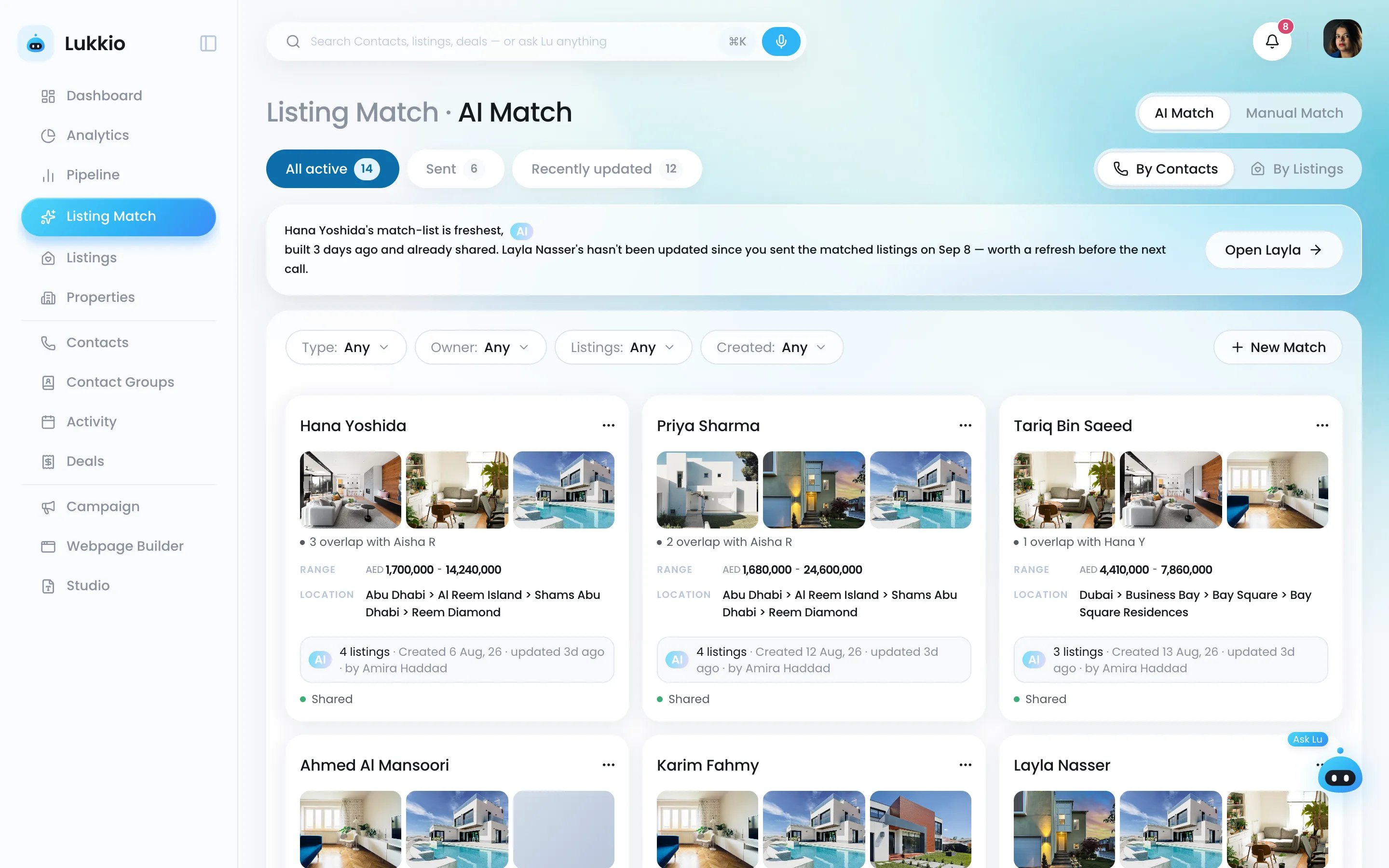 AI Match with a card per buyer and the listings that fit